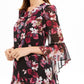 Vestido tubinho acima do joelho com decote em joia e manga sino floral feminino Connected Apparel, preto, tamanho 10
