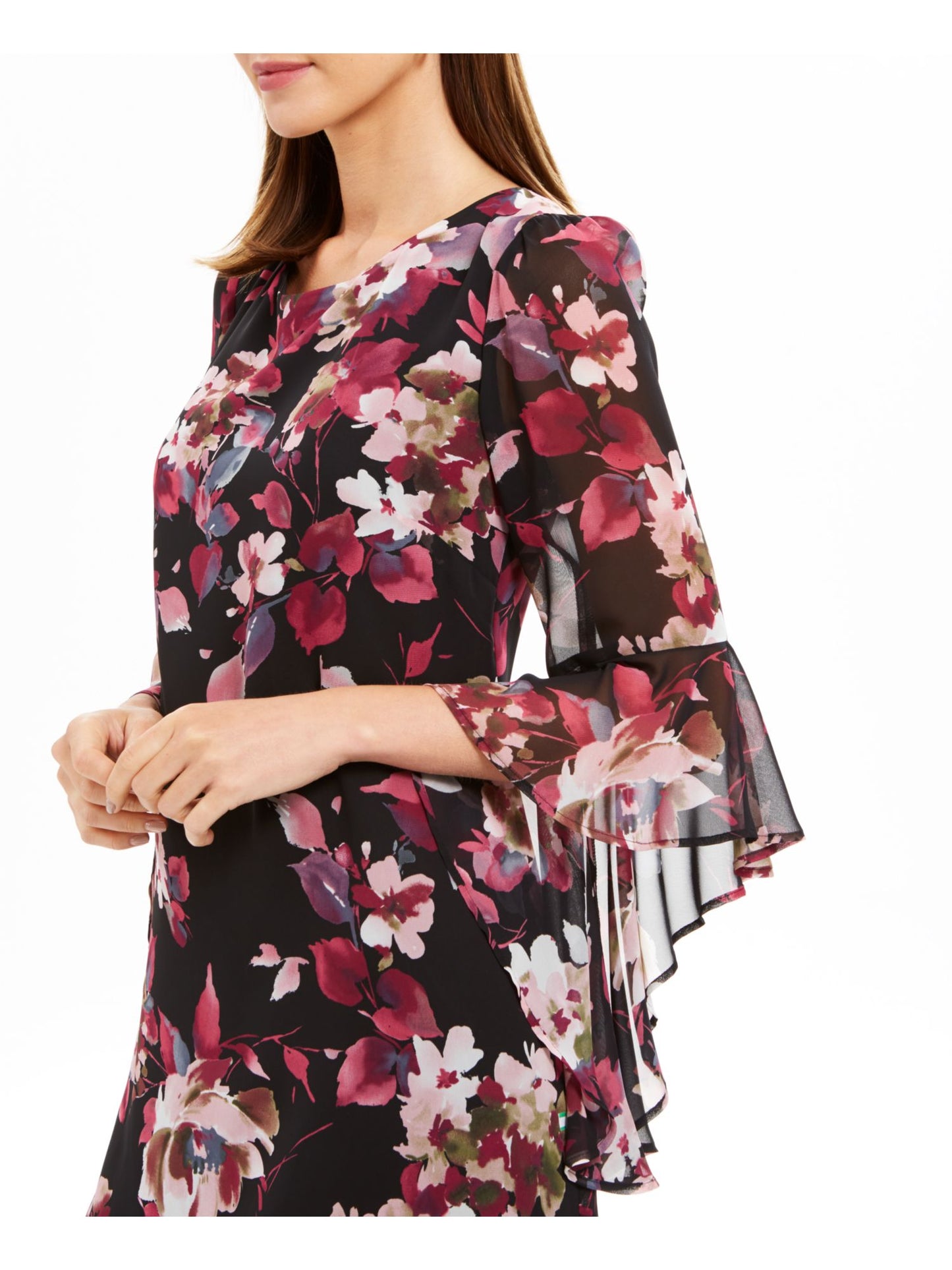 Vestido tubinho acima do joelho com decote em joia e manga sino floral feminino Connected Apparel, preto, tamanho 10