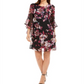 Vestido tubinho acima do joelho com decote em joia e manga sino floral feminino Connected Apparel, preto, tamanho 10