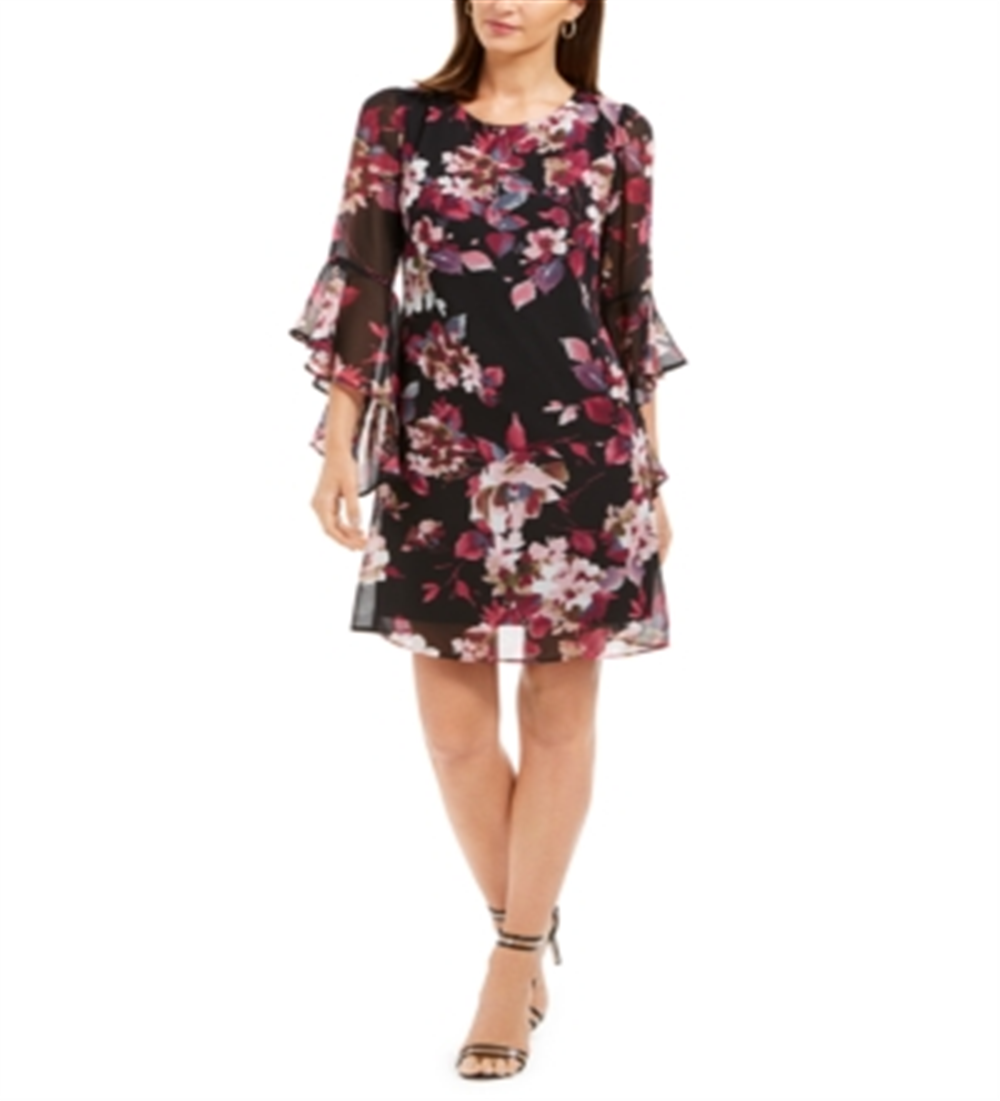 Vestido tubinho acima do joelho com decote em joia e manga sino floral feminino Connected Apparel, preto, tamanho 10