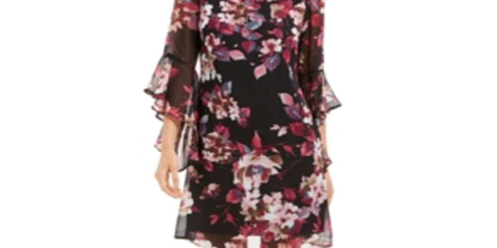 Vestido tubinho acima do joelho com decote em joia e manga sino floral feminino Connected Apparel, preto, tamanho 10