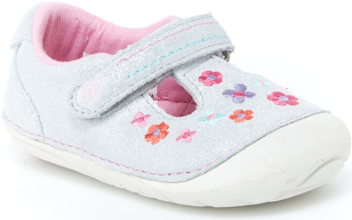 Sapato Mary Janes Floral Tonia T-Strap Stride Rite para Meninas, Prata, Tamanho 3 W