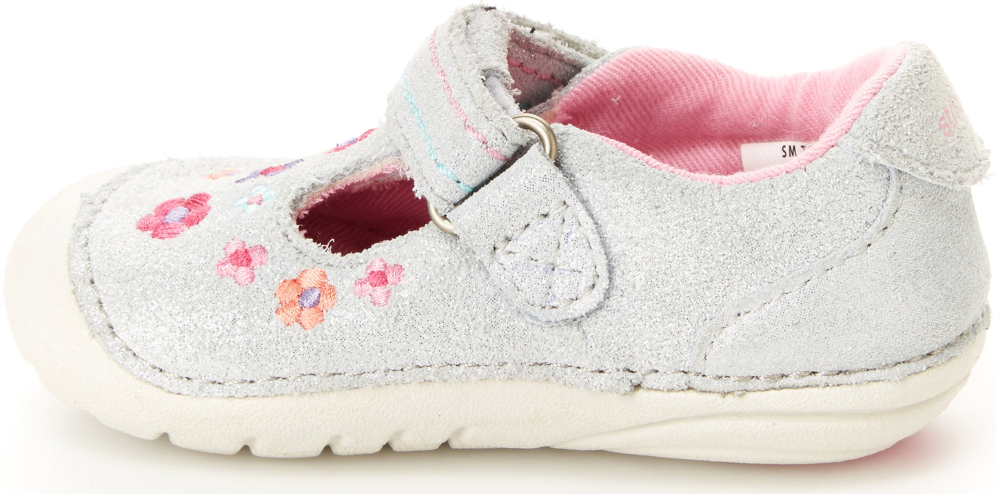 Sapato Mary Janes Floral Tonia T-Strap Stride Rite para Meninas, Prata, Tamanho 3 W