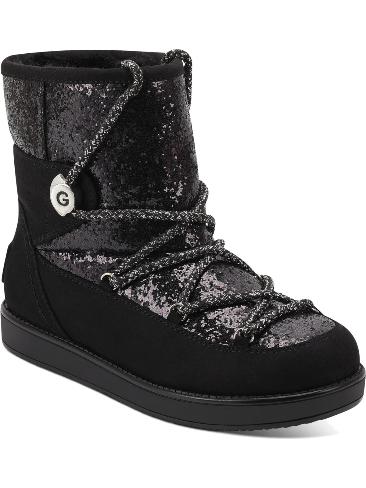 Botas de neve femininas Guess com logo brilhante e detalhe de cadarço, acolchoadas e isoladas, Aylan, bico redondo, pretas, tamanho 6,5 M