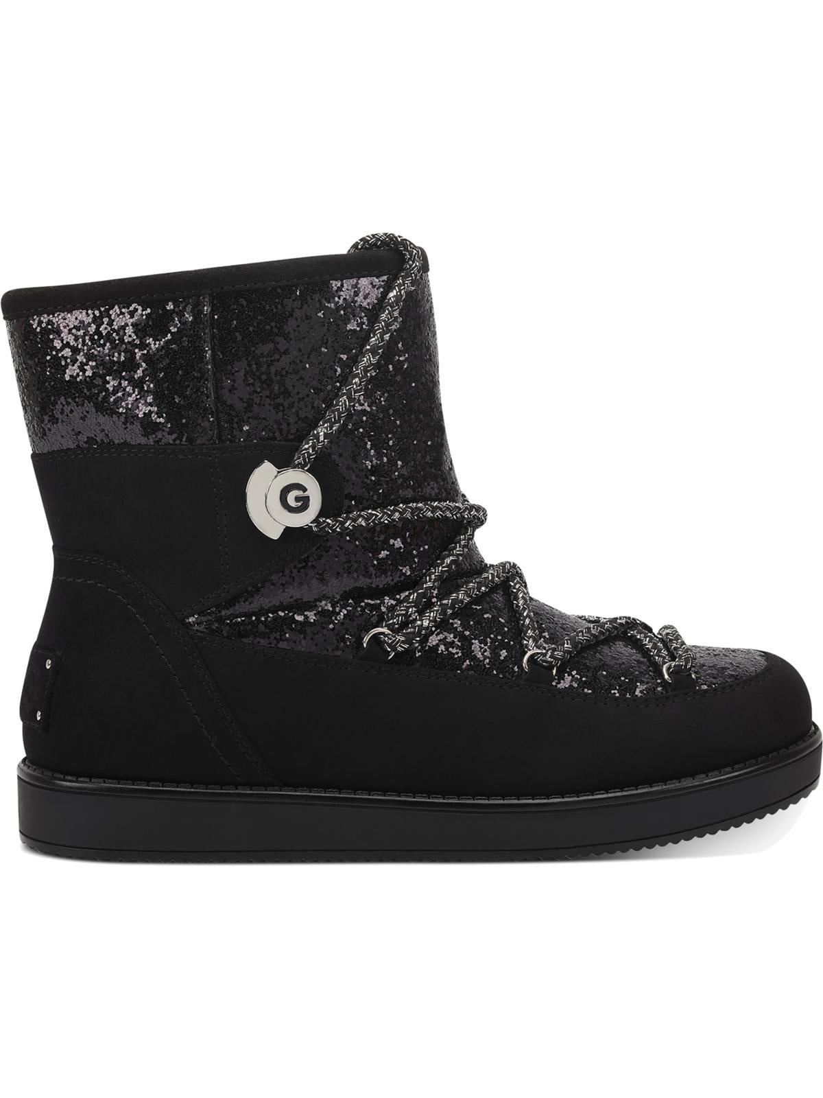 Botas de neve femininas Guess com logo brilhante e detalhe de cadarço, acolchoadas e isoladas, Aylan, bico redondo, pretas, tamanho 6,5 M