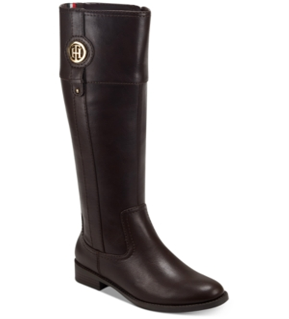 Tommy Hilfiger Imina Botas de montaria femininas de couro sintético até o joelho, marrom escuro, tamanho 5 M