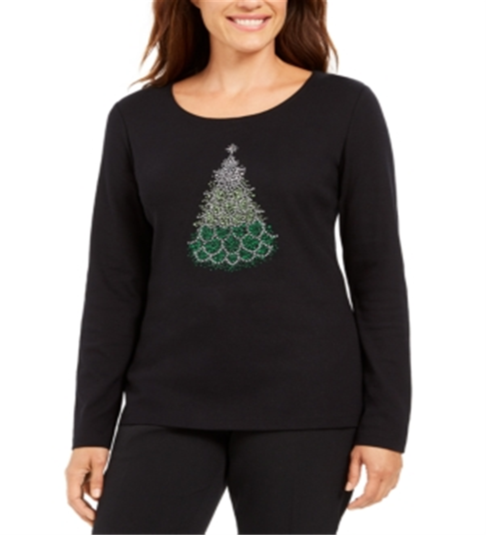 Camiseta feminina Karen Scott com estampa de Natal, preta, tamanho 2XL