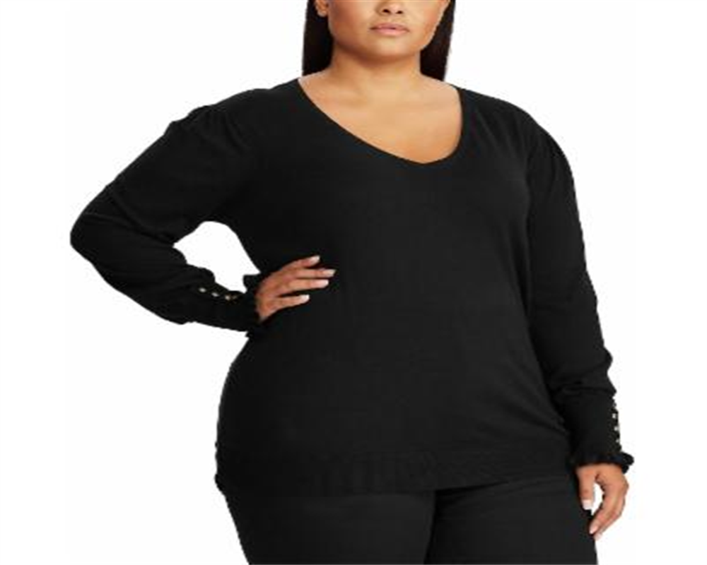 Suéter feminino de manga comprida com botões e punhos Lauren Ralph Lauren, preto, tamanho 2X