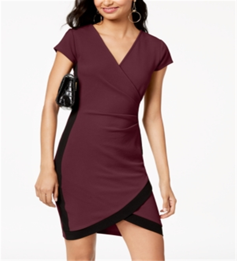 Vestido envelope falso com decote em V e manga curta bordada Crave Fame feminino, roxo, tamanho extragrande