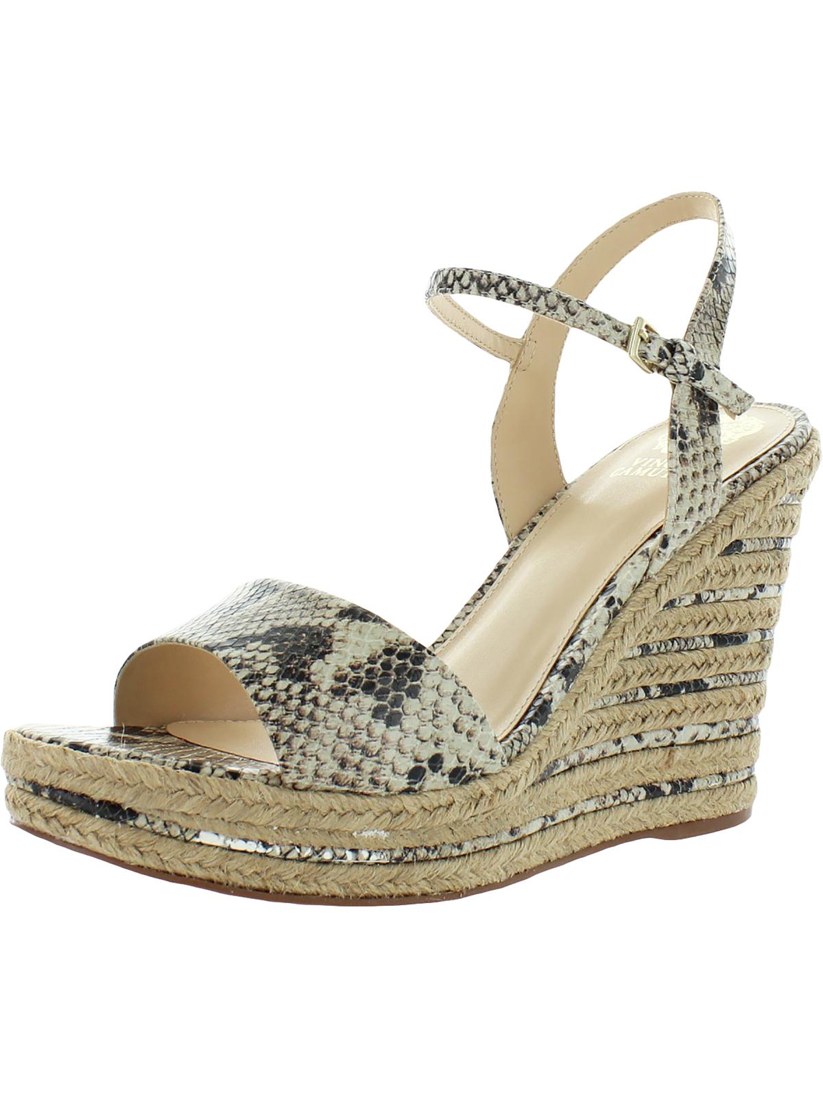 Sandálias femininas Vince Camuto Marybell de couro com tira no tornozelo e salto anabela, pretas e brancas, tamanho 10