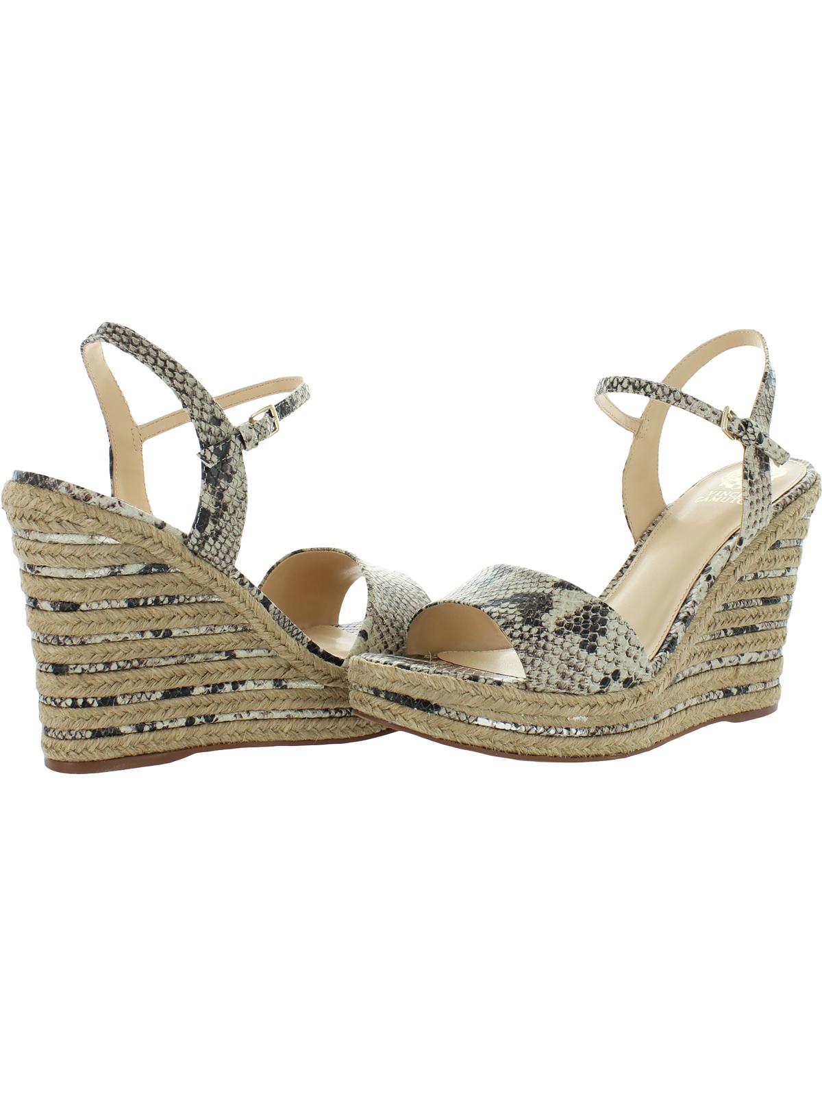 Sandálias femininas Vince Camuto Marybell de couro com tira no tornozelo e salto anabela, pretas e brancas, tamanho 10