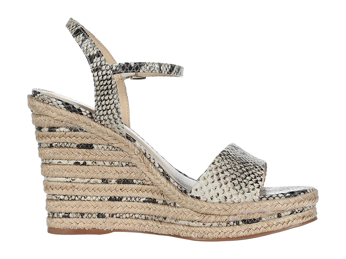 Sandálias femininas Vince Camuto Marybell de couro com tira no tornozelo e salto anabela, pretas e brancas, tamanho 10