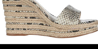 Sandálias femininas Vince Camuto Marybell de couro com tira no tornozelo e salto anabela, pretas e brancas, tamanho 10