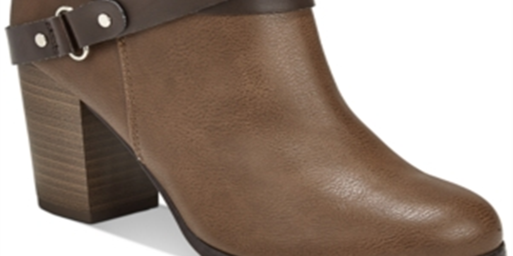 Material Girl Botas femininas com tiras acolchoadas, fivela acolchoada, bico redondo, salto bloco, zíper, marrom, tamanho 6,5 M