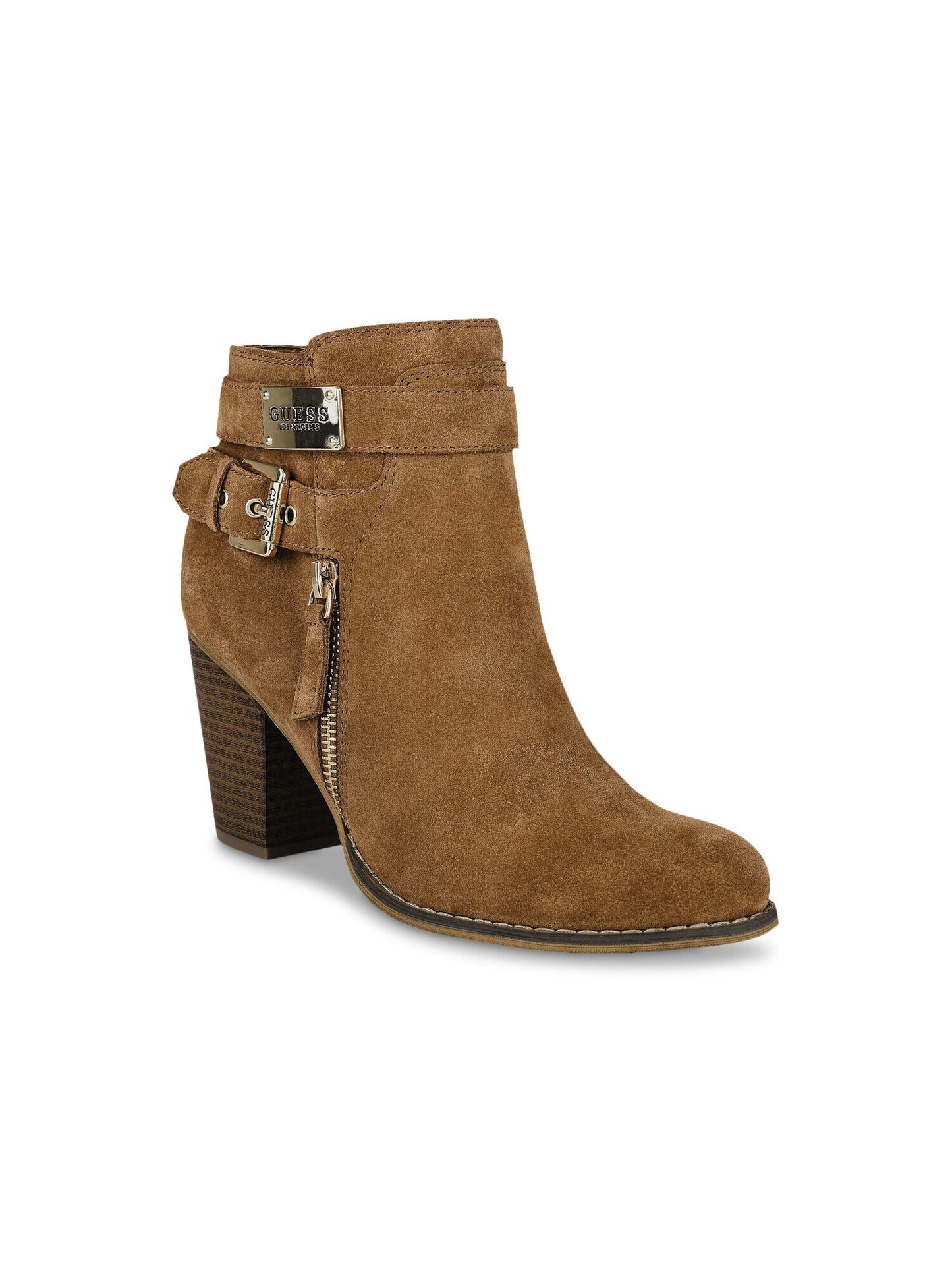 Botas femininas Guss de couro com zíper e salto grosso e bico redondo, tamanho 10 M