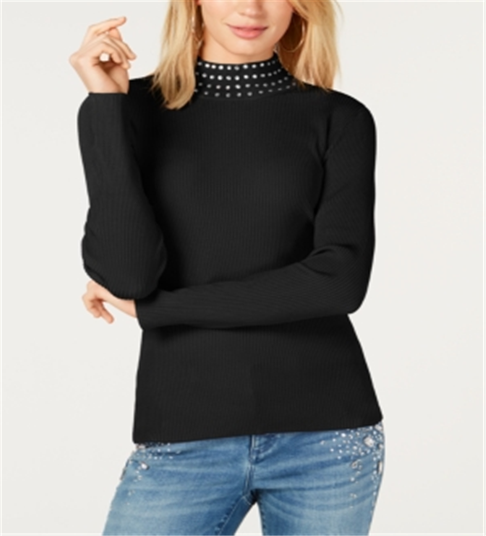 INC International Concepts Feminino Gola Alta em Malha Canelada Embelezada Preto Tamanho P