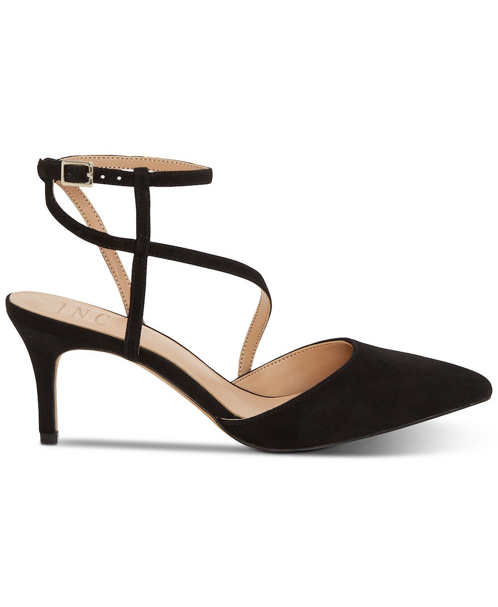 Sandálias femininas formais com tira no tornozelo e bico fino da INC International Concepts, pretas, tamanho 5,5 M