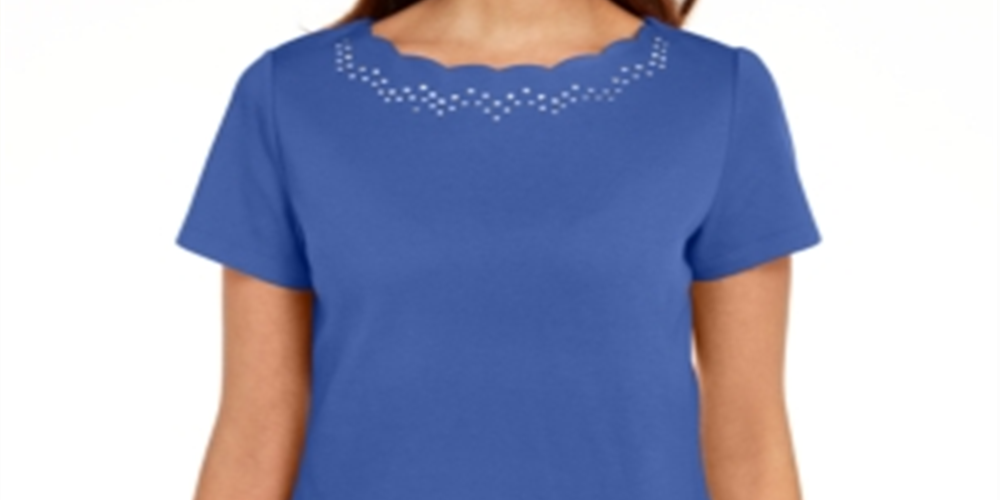 Camiseta feminina Karen Scott de algodão com gola recortada, azul, tamanho pequeno