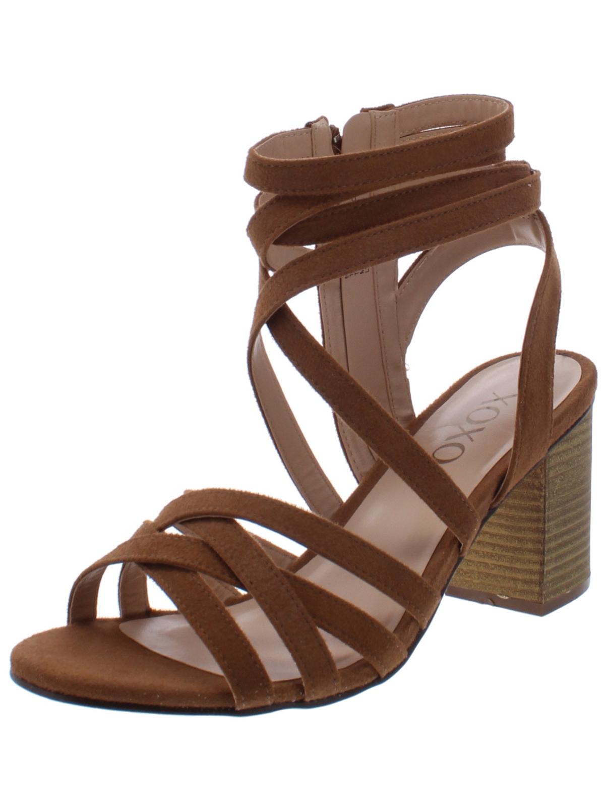 Sandálias femininas Xoxo Eden com tiras acolchoadas, bico redondo, salto bloco e zíper, tamanho marrom 8,5
