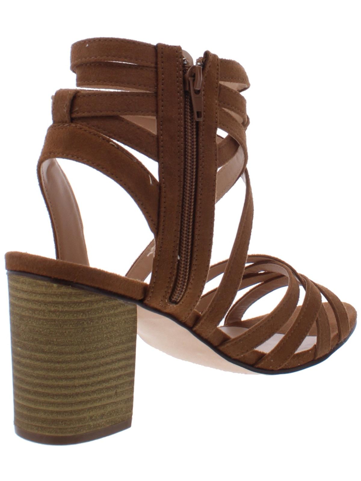 Sandálias femininas Xoxo Eden com tiras acolchoadas, bico redondo, salto bloco e zíper, tamanho marrom 8,5