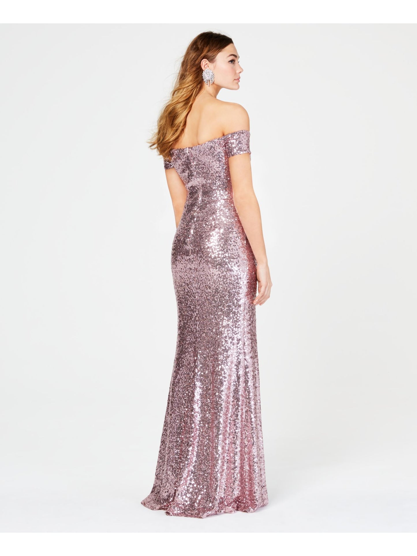 Vestido feminino B Darlin com fenda e lantejoulas, manga curta, ombro de fora, comprimento total, formal, tamanho 15/16, rosa