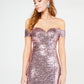 Vestido feminino B Darlin com fenda e lantejoulas, manga curta, ombro de fora, comprimento total, formal, tamanho 15/16, rosa