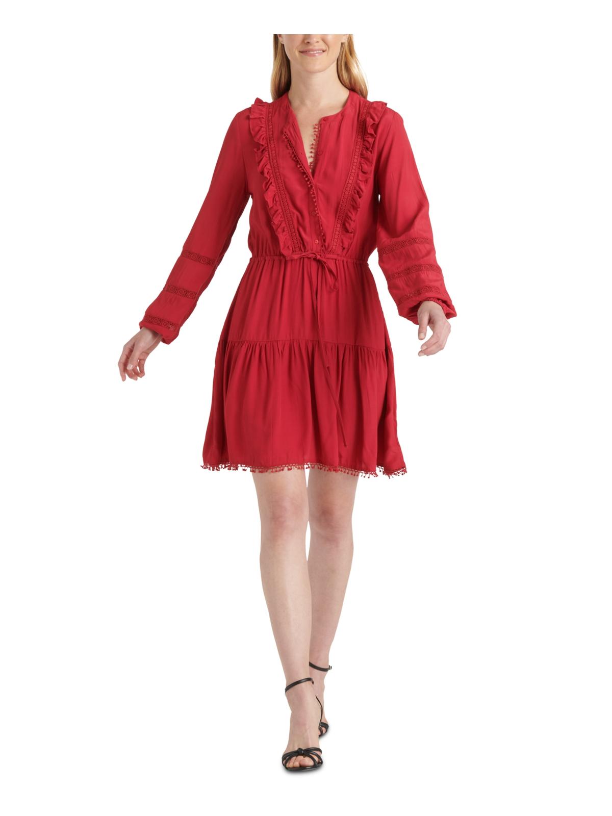 Lucky Brand Vestido curto feminino Parker com acabamento em picot e babados, vermelho, tamanho médio