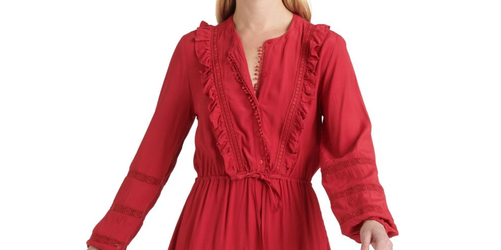Lucky Brand Vestido curto feminino Parker com acabamento em picot e babados, vermelho, tamanho médio