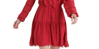 Lucky Brand Vestido curto feminino Parker com acabamento em picot e babados, vermelho, tamanho médio