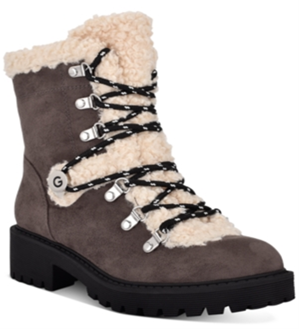 GBG Botas de combate femininas com acabamento em pele sintética e argola em D, bico redondo, com cadarço, cinza, tamanho 7 M