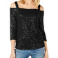 Blusa feminina INC com lantejoulas e manga 3/4, gola quadrada, preta, tamanho XS