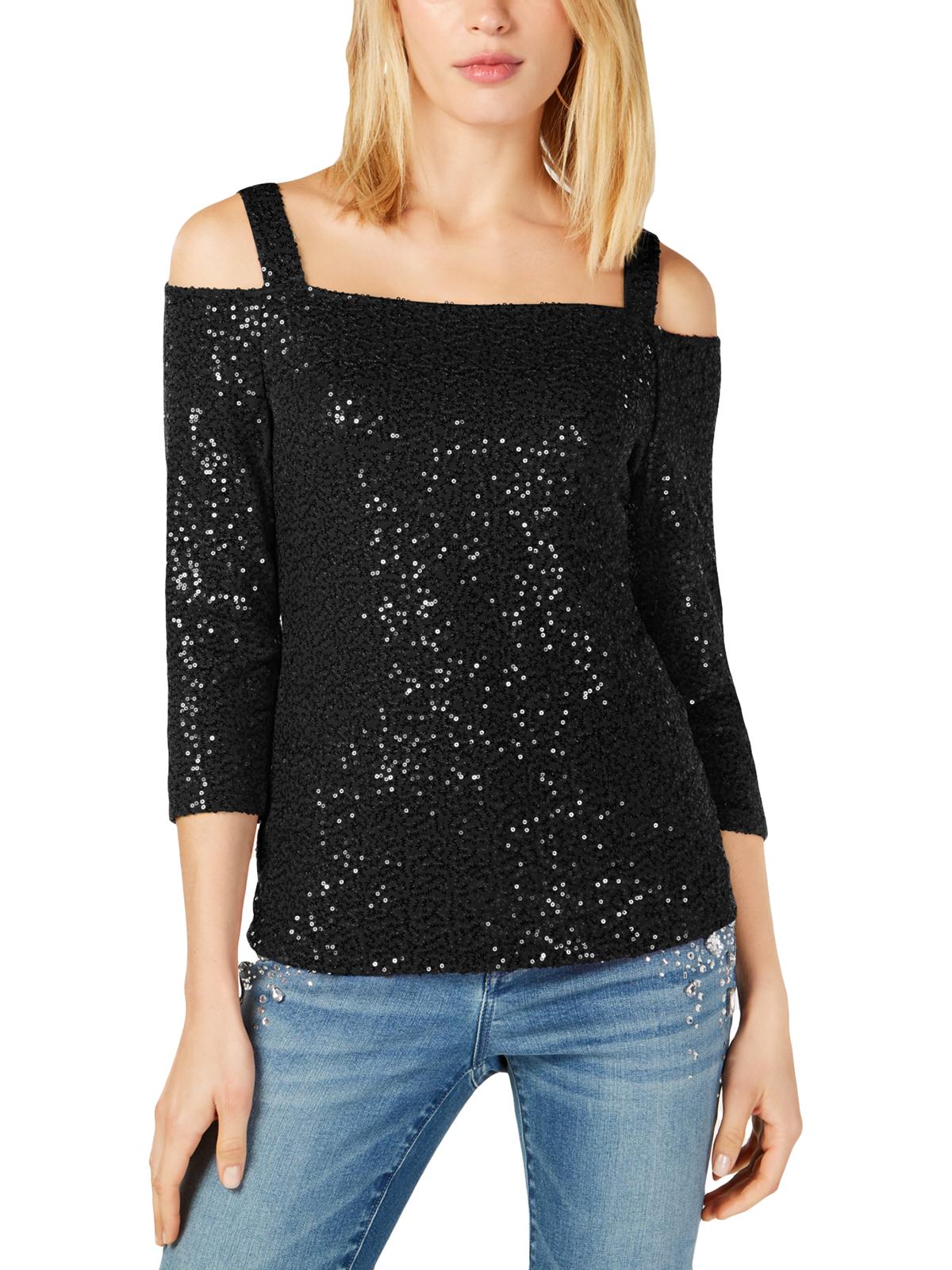 Blusa feminina INC com lantejoulas e manga 3/4, gola quadrada, preta, tamanho XS