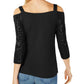 Blusa feminina INC com lantejoulas e manga 3/4, gola quadrada, preta, tamanho XS