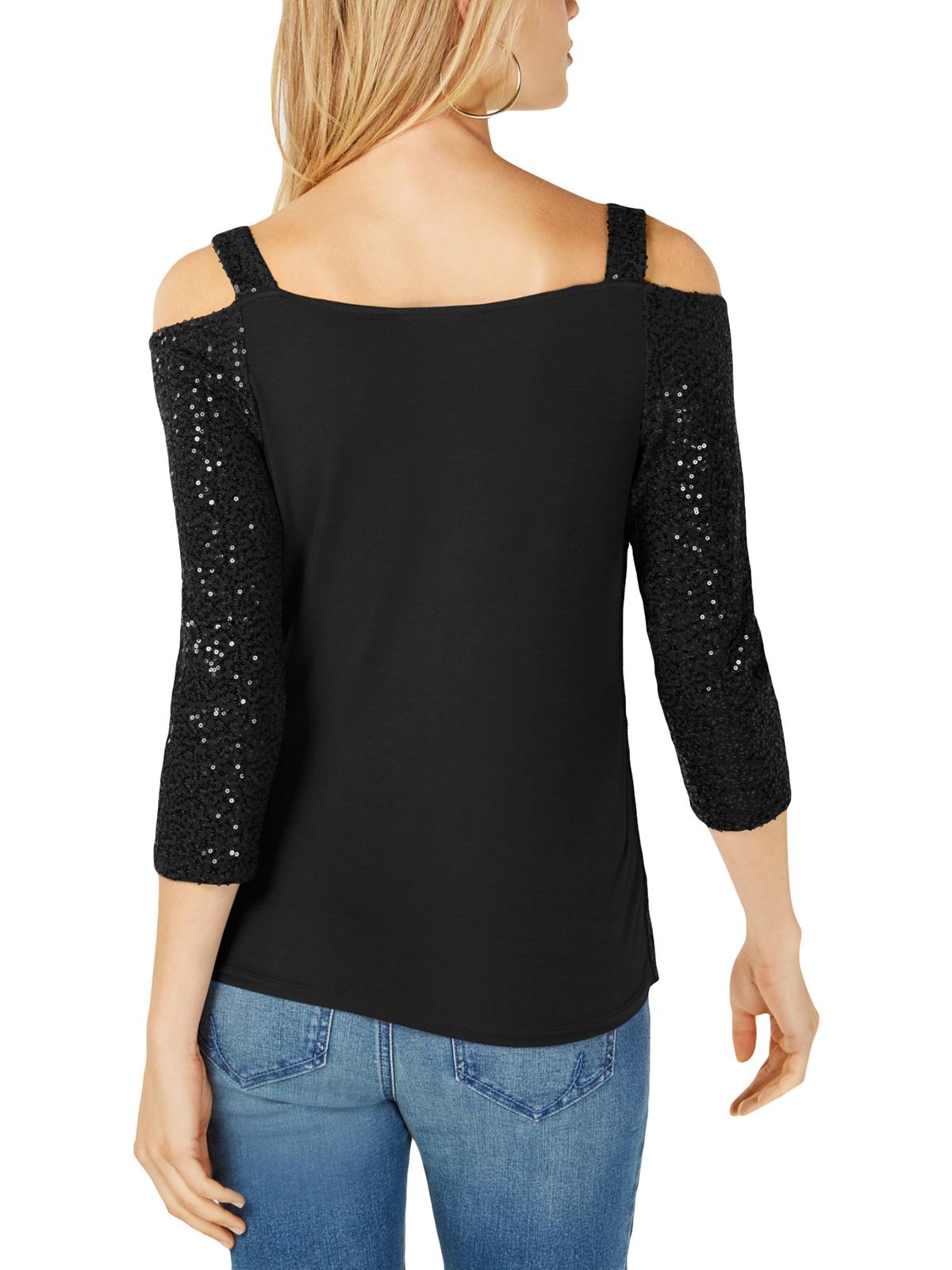 Blusa feminina INC com lantejoulas e manga 3/4, gola quadrada, preta, tamanho XS