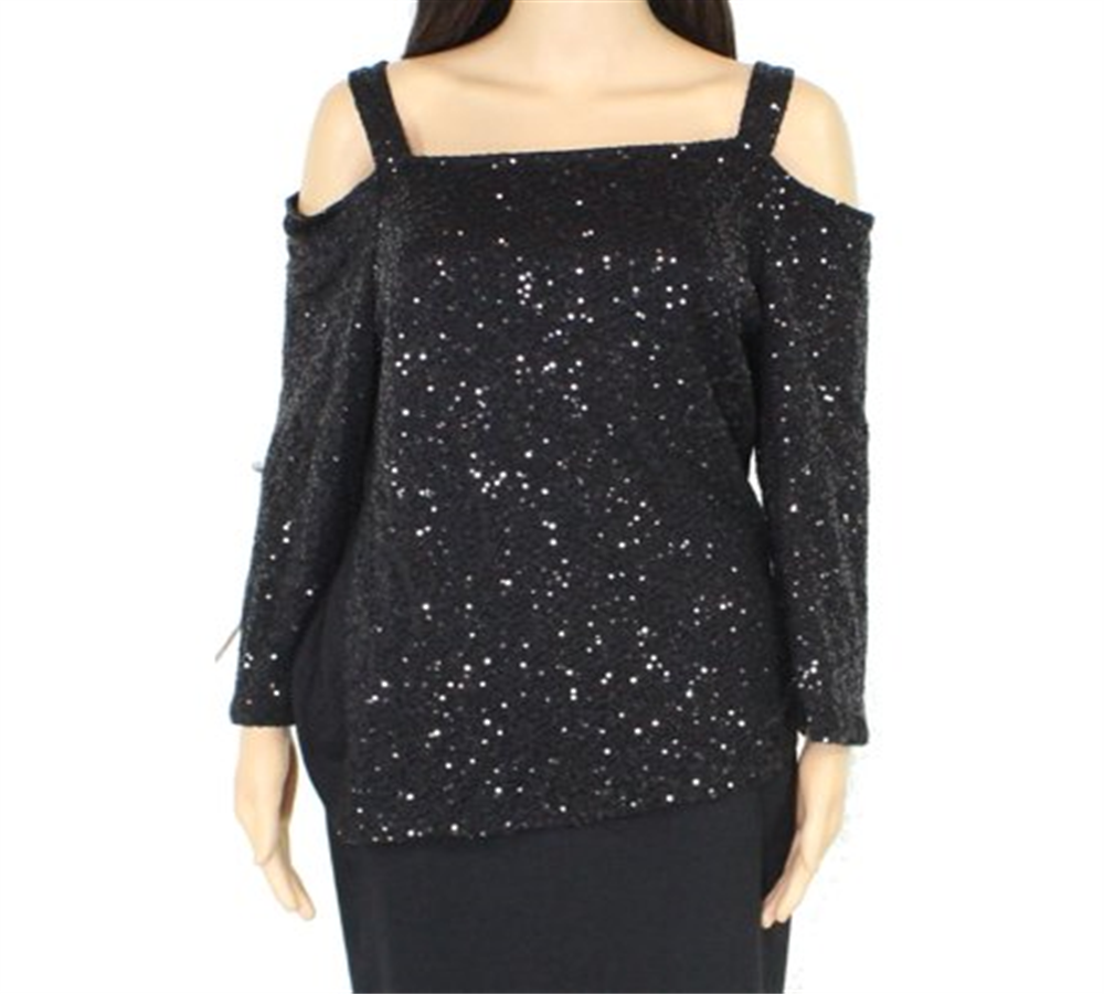 Blusa feminina INC com lantejoulas e manga 3/4, gola quadrada, preta, tamanho XS