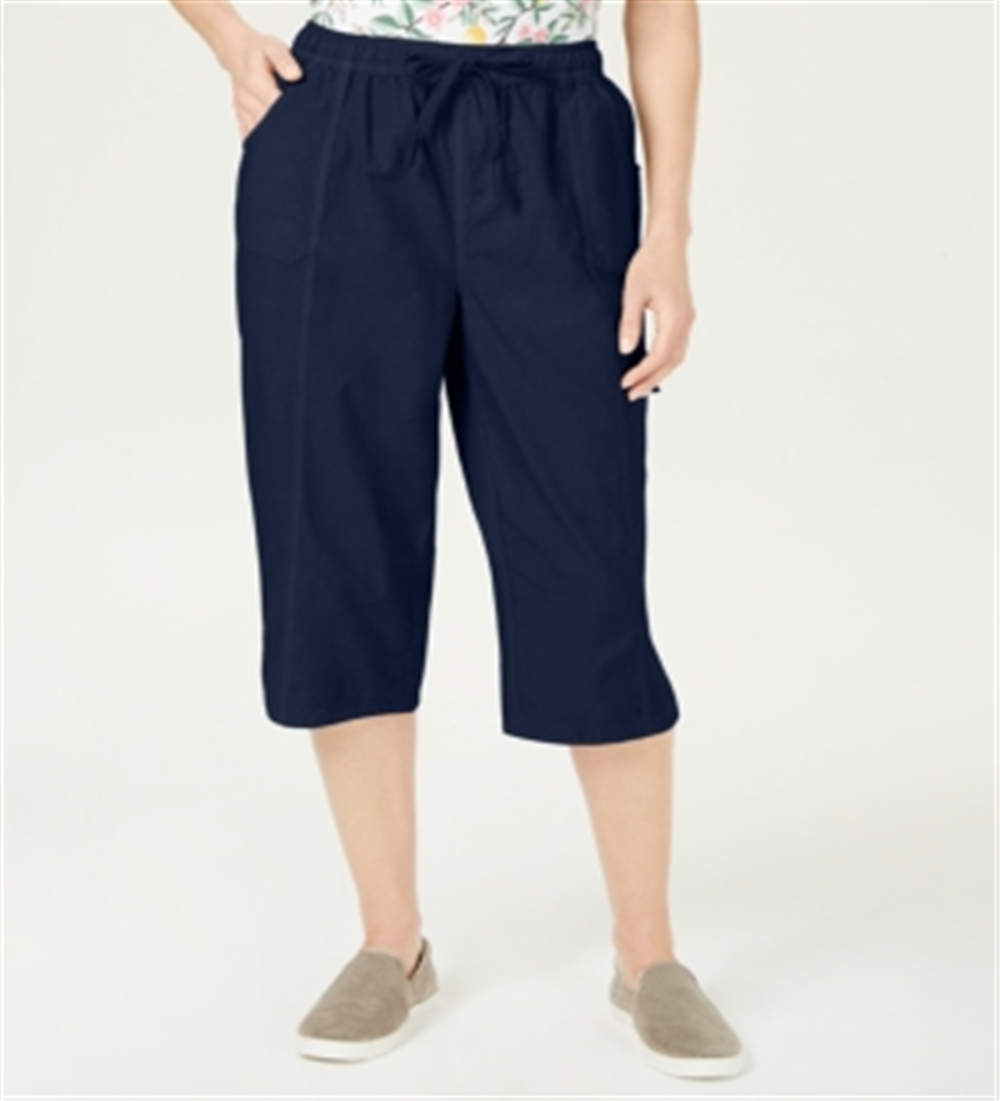Calça feminina Karen Scott com bolsos e gravata, azul, tamanho pequeno