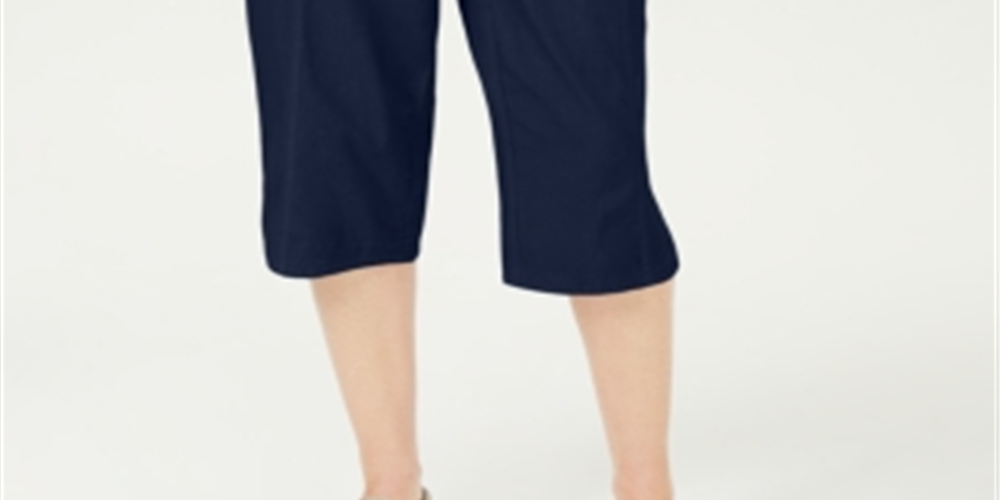 Calça feminina Karen Scott com bolsos e gravata, azul, tamanho pequeno