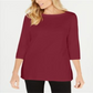 Karen Scott Blusa de malha feminina de algodão com decote canoa e manga 3/4, vermelha, tamanho pequeno