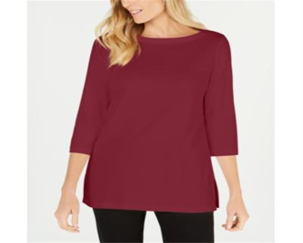 Karen Scott Blusa de malha feminina de algodão com decote canoa e manga 3/4, vermelha, tamanho pequeno