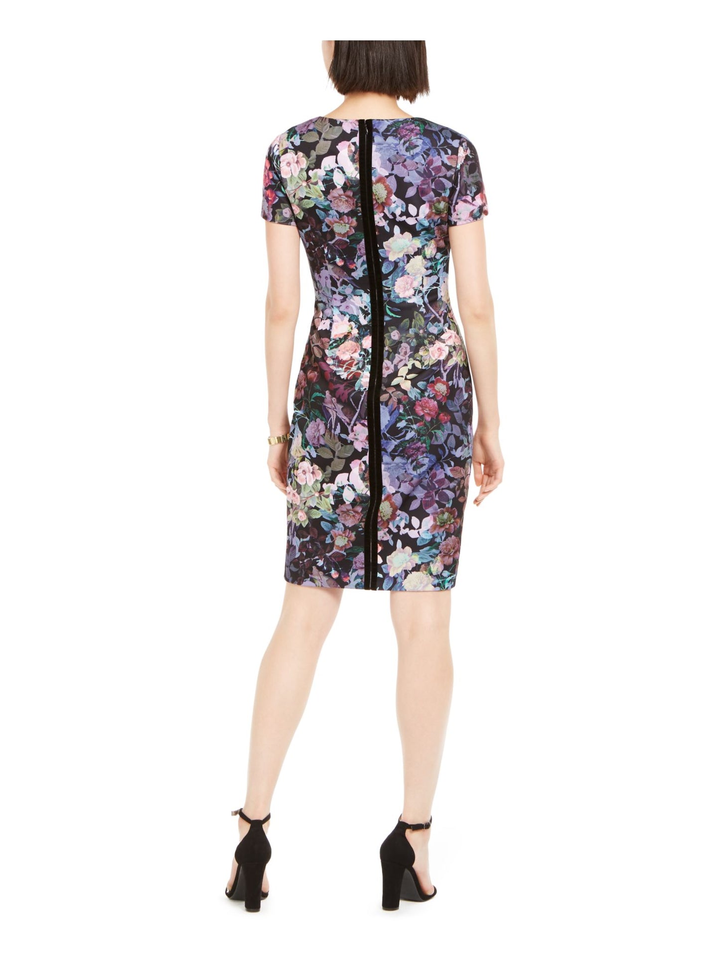 Vestido de festa feminino Adrianna Papell com zíper floral, manga curta, gola redonda, acima do joelho, preto, tamanho 2