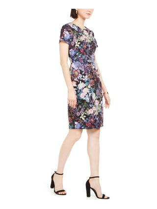 Adrianna Papell Women's Zippered Floral Short Sleeve Jewel Neck Above the Knee Sheath Party Dress Black Size 2