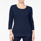 Karen Scott Blusa feminina de algodão com decote redondo e manga 3/4, azul, tamanho pequeno P