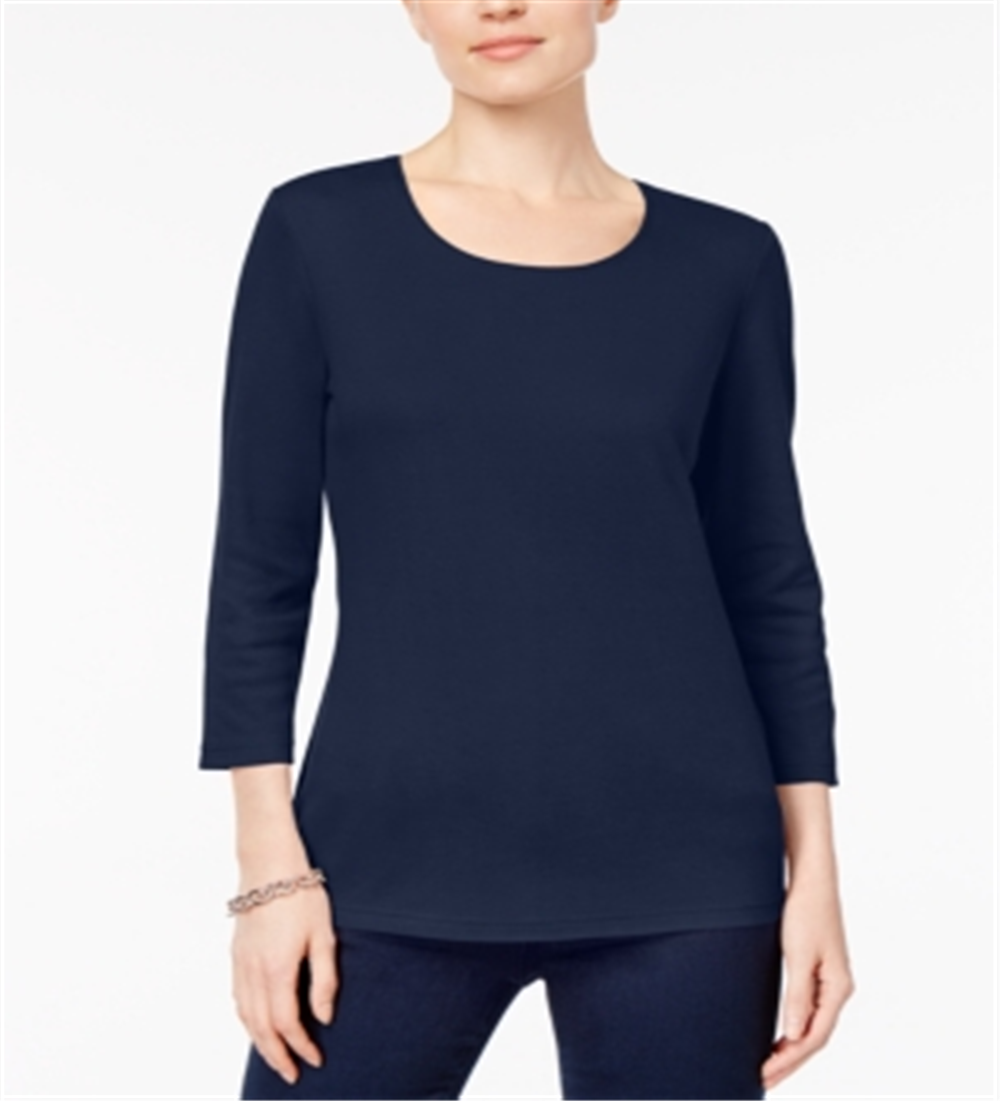 Karen Scott Blusa feminina de algodão com decote redondo e manga 3/4, azul, tamanho pequeno P