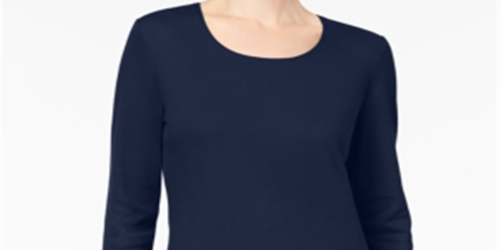Karen Scott Blusa feminina de algodão com decote redondo e manga 3/4, azul, tamanho pequeno P