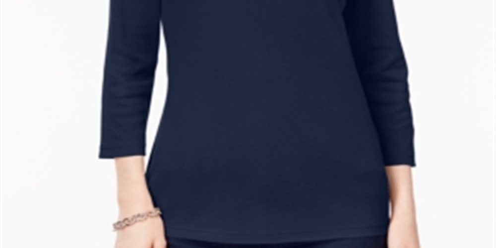 Karen Scott Blusa feminina de algodão com decote redondo e manga 3/4, azul, tamanho pequeno P