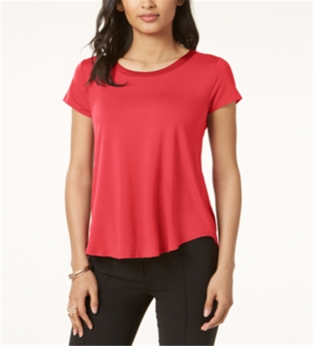 Blusa feminina Alfani de seda lisa, manga curta, gola alta, tamanho pequeno, vermelha