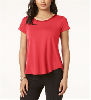 Blusa feminina Alfani de seda lisa, manga curta, gola alta, tamanho pequeno, vermelha