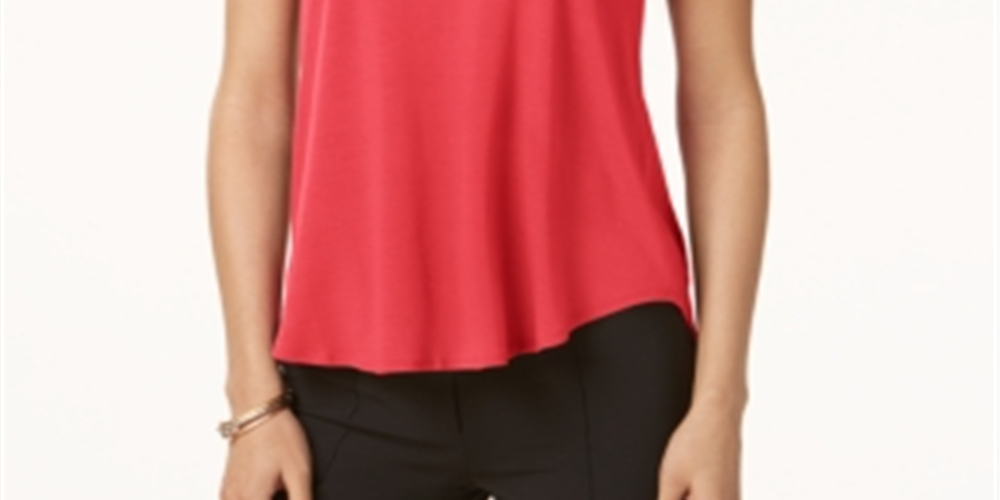 Blusa feminina Alfani de seda lisa, manga curta, gola alta, tamanho pequeno, vermelha