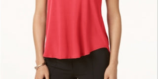 Blusa feminina Alfani de seda lisa, manga curta, gola alta, tamanho pequeno, vermelha