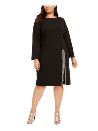 Vestido Calvin Klein Feminino Manga Longa Decote Joia Com Fenda E Decote Abaixo Do Joelho Para Usar No Trabalho Preto Tamanho 16W